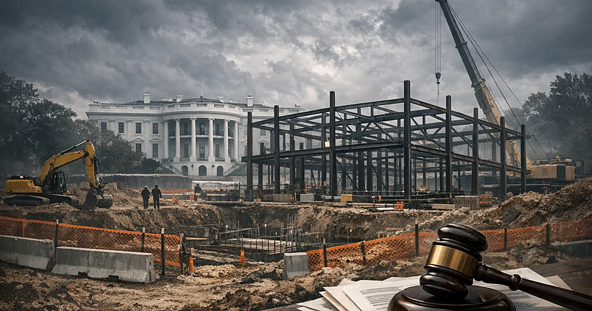 White mansion with halted ballroom construction site in foreground, gavel on legal documents, stormy sky overhead