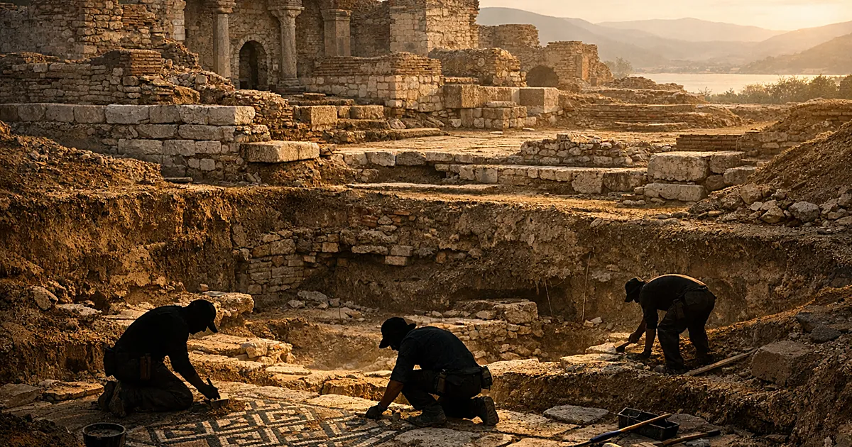 Archaeological dig showing ancient church floor paving beneath later foundation layers with silhouetted workers excavating