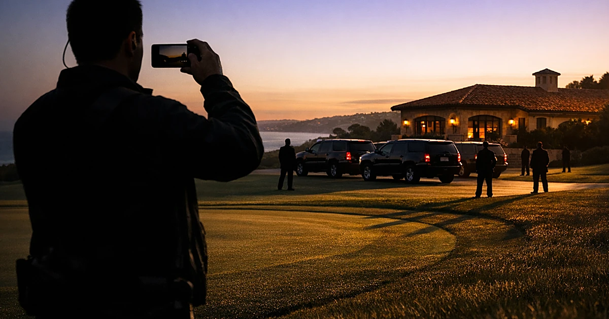 Silhouetted person photographing security vehicles and personnel at a golf course during golden hour