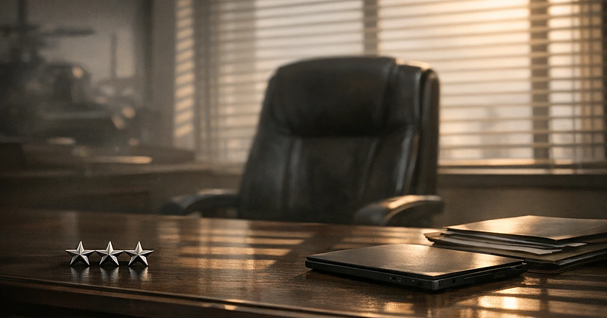 Empty military command office desk with vacant chair and three stars, suggesting sudden departure from leadership position