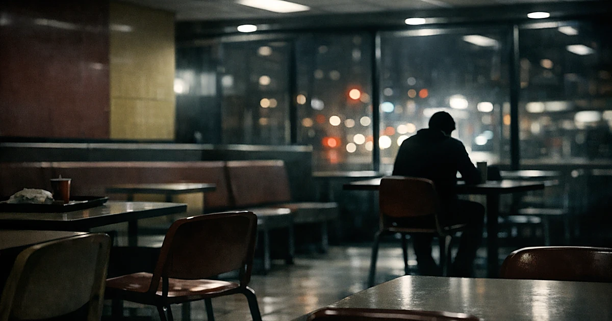 Empty fast-food restaurant interior at night with lone silhouetted figure at table under fluorescent lights