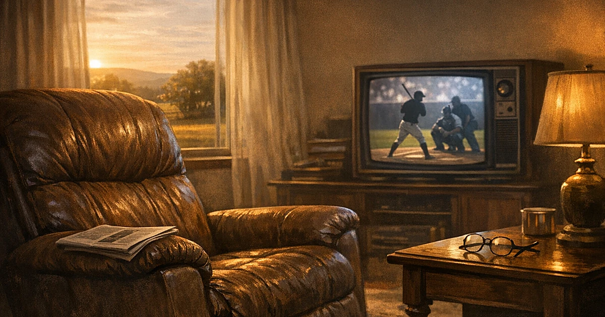 Empty leather recliner facing television showing baseball game in warm-lit living room with countryside view
