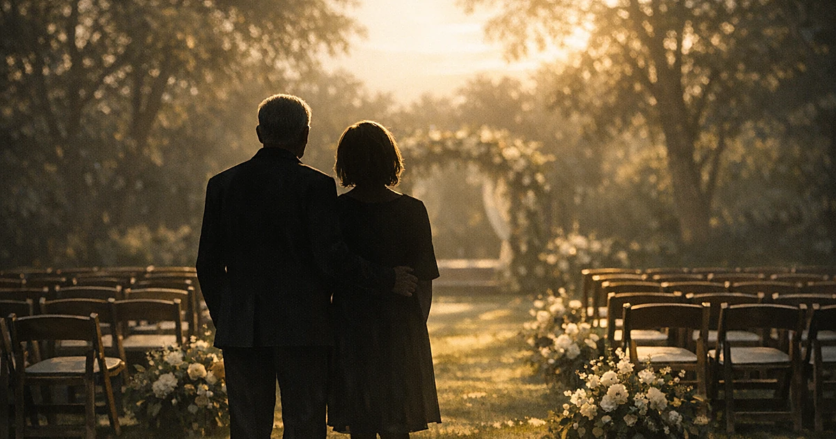 Silhouetted couple at outdoor garden wedding ceremony viewed from behind with chairs and flowers