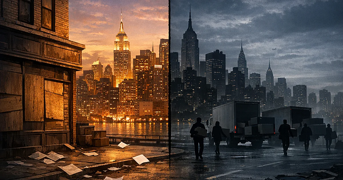 Split view of NYC skyline showing prosperity versus decline with silhouettes of people leaving and darkened buildings
