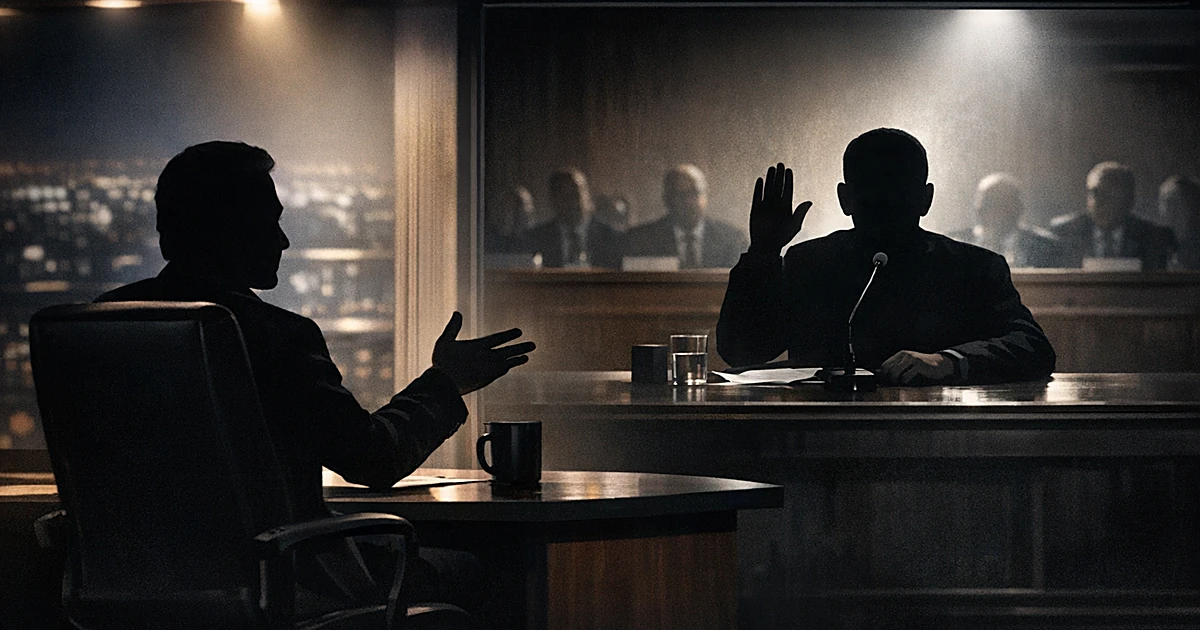 Silhouetted talk show host at desk gesturing toward screen showing shadowy figure at Senate hearing table