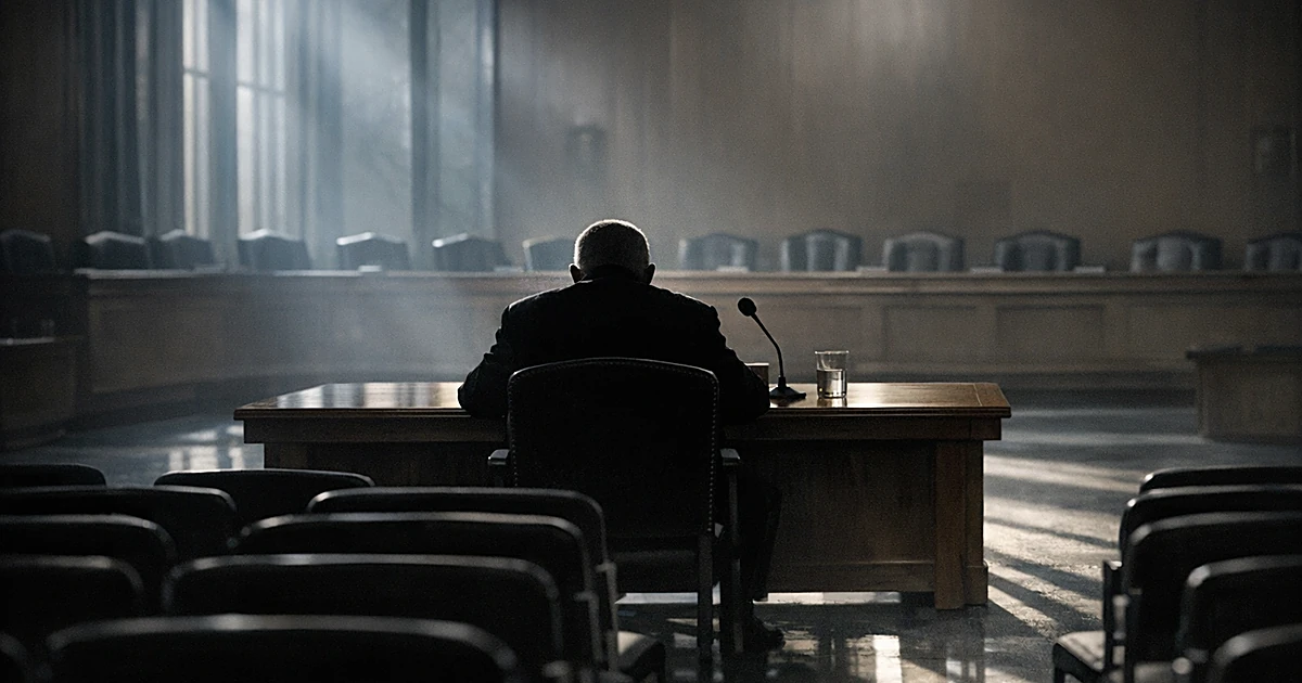 Empty congressional hearing room with silhouetted figure at witness table invoking constitutional rights