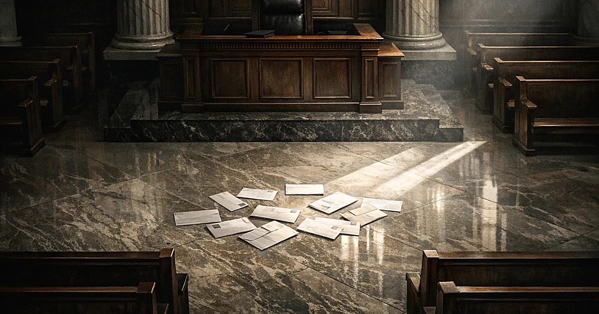 Overhead view of courthouse interior with mail-in ballot envelopes scattered on marble floor beneath judge's bench