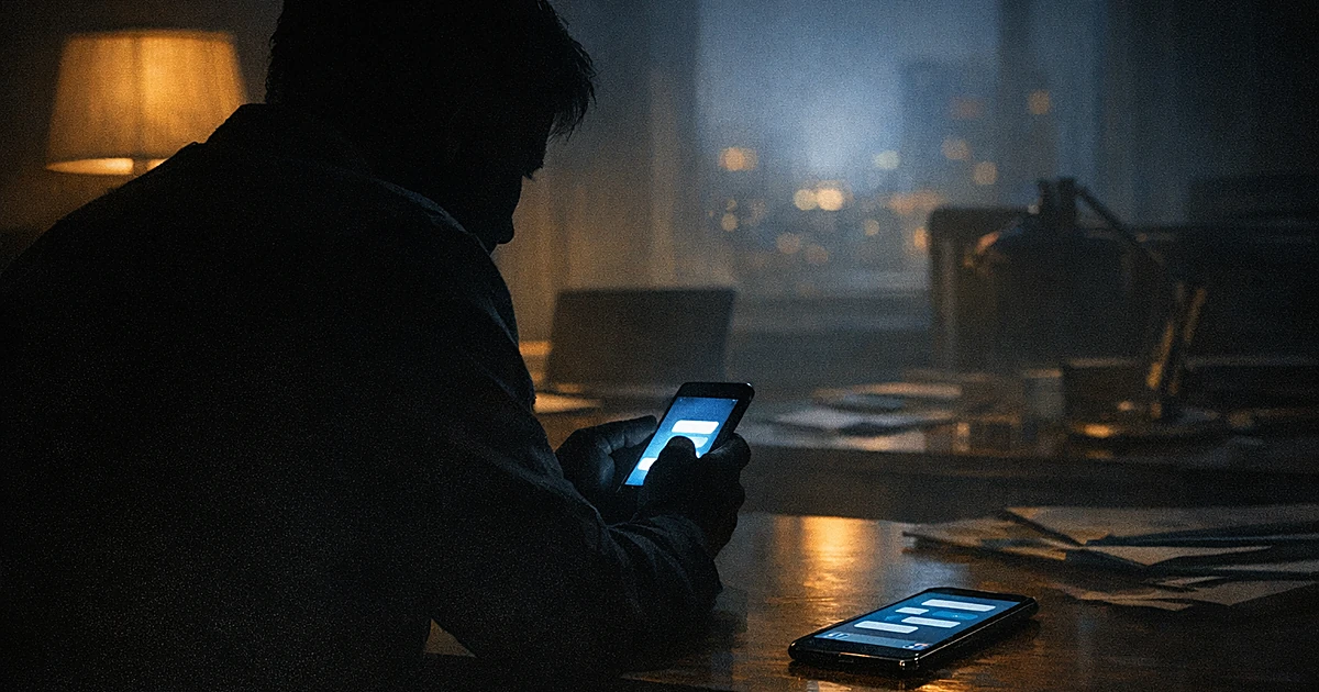 Silhouetted person at desk looking at glowing phone screen with another phone displaying text messages nearby