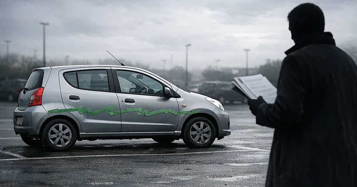 Small silver car with green tape on side panel, silhouetted person holding document in parking lot
