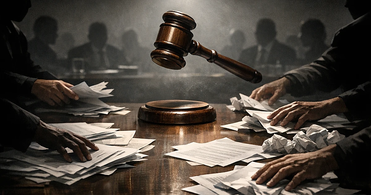 Gavel striking above scattered documents being rearranged on a table, symbolizing contested rule changes