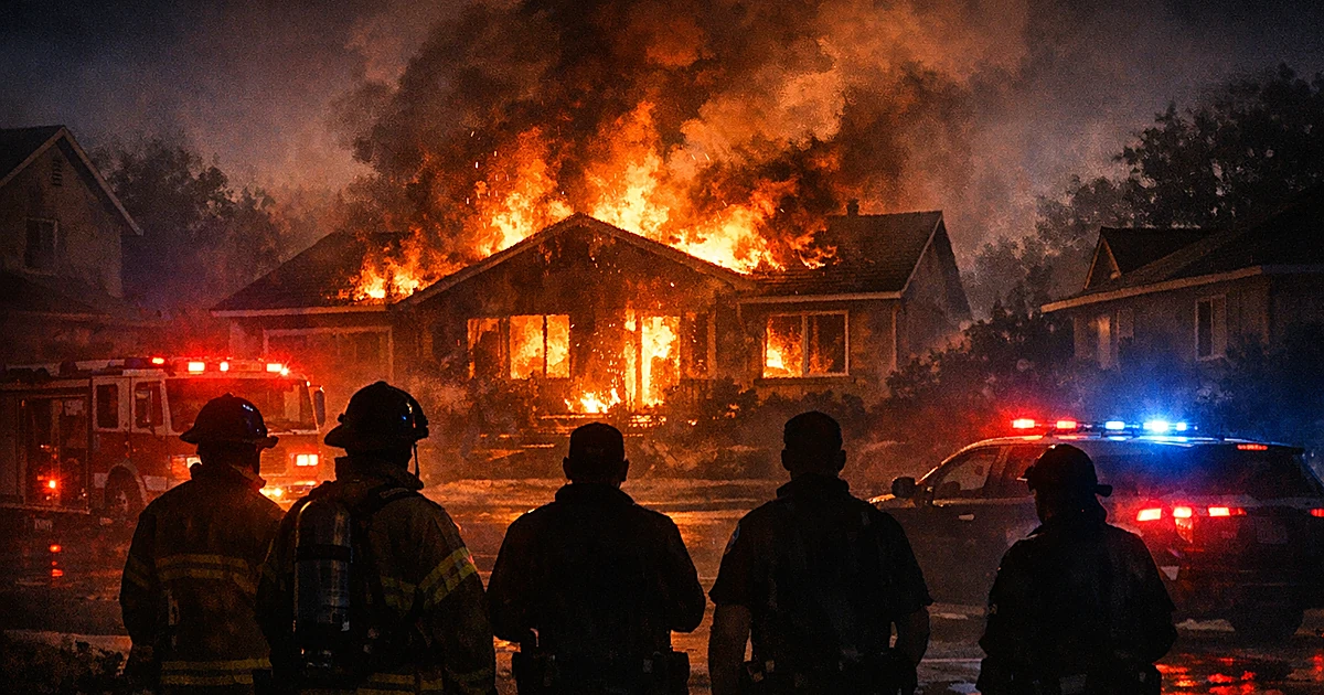 Silhouettes of emergency responders facing a house engulfed in flames at night with emergency lights illuminating scene