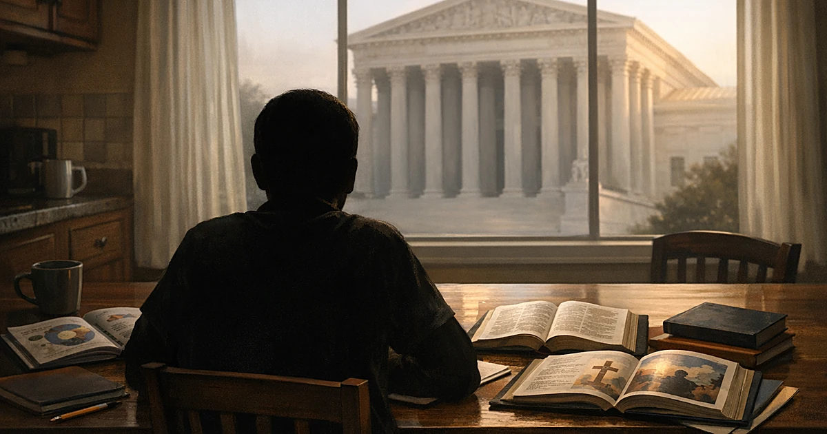 Silhouette at table with homeschool materials, courthouse columns visible through window