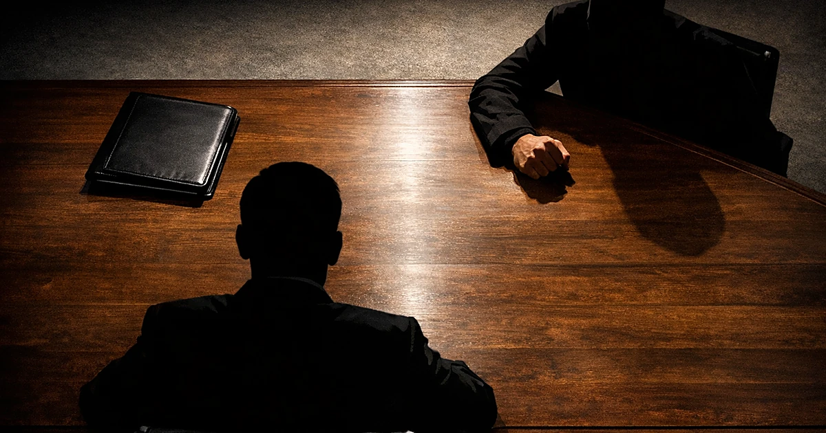 Two silhouetted figures at opposite ends of conference table, one with clenched fist, suggesting political tension