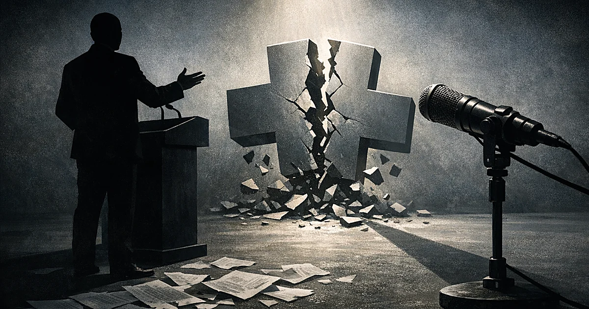 Silhouetted figure at podium beside fragmenting medical cross symbol with radio microphone and scattered papers