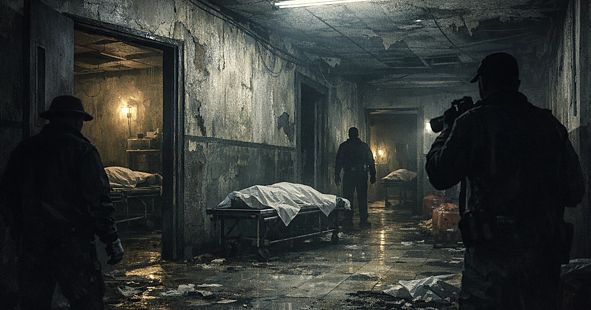 Dark, deteriorating funeral home hallway with peeling walls, flickering lights, and debris on cracked floors