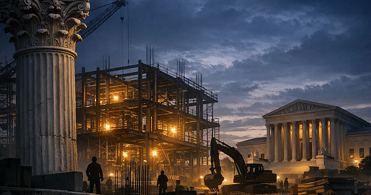 Construction site with steel framework and silhouetted workers at dusk, classical column in foreground