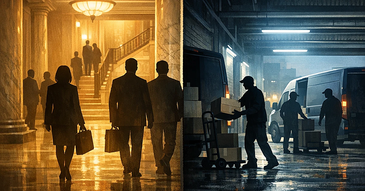 Split scene showing government building interior with business figures contrasted with warehouse workers at loading dock