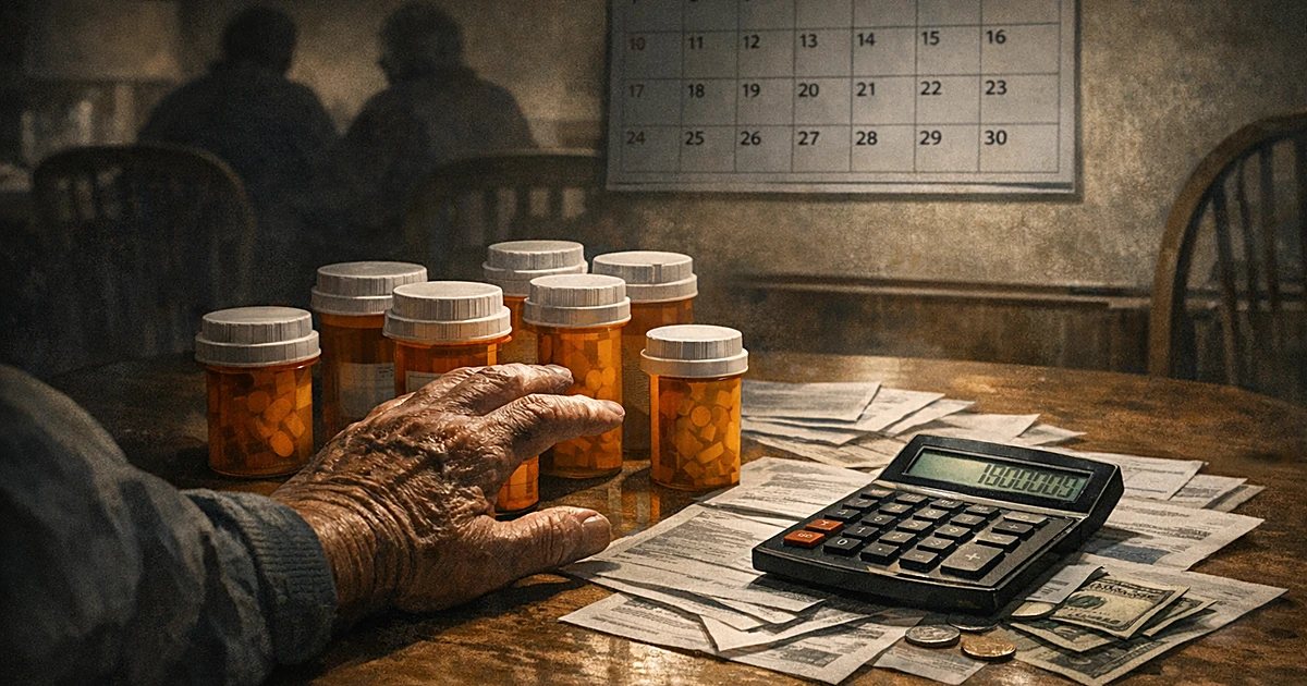 Elderly person's hand reaching for prescription bottles on table with calculator and bills showing medication costs