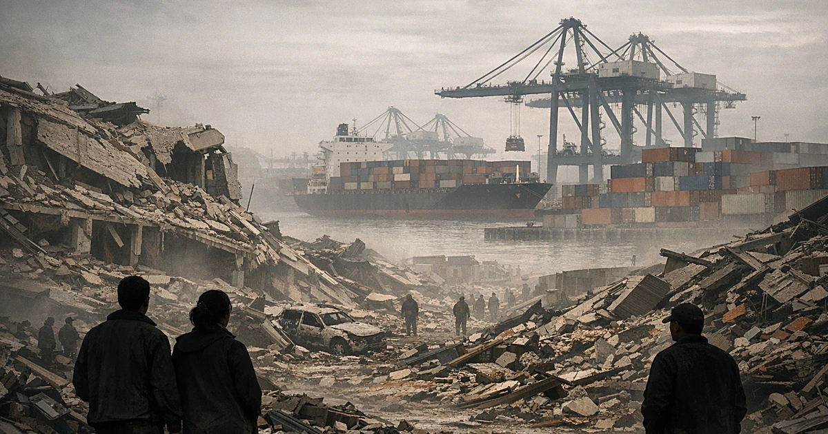 Earthquake rubble and destroyed buildings with silhouetted figures, shipping containers visible at port in background