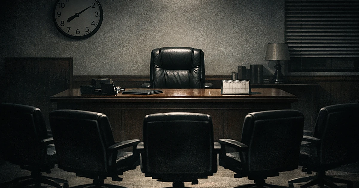 Empty mayor's desk and chair with six council seats arranged in semicircle facing the vacant workspace