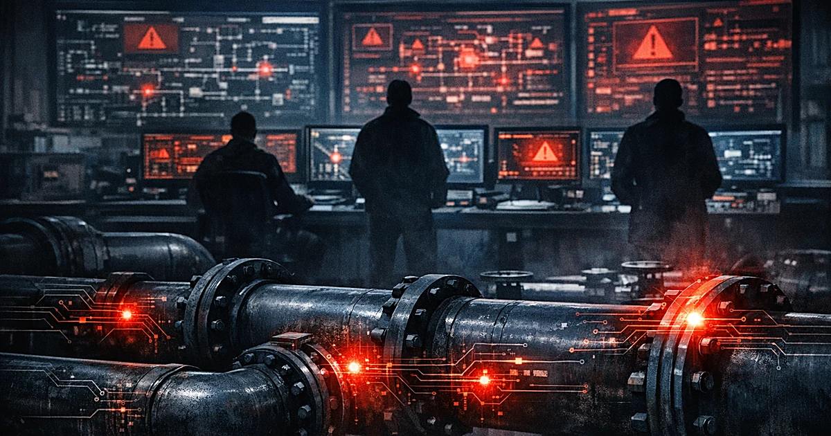 Water treatment control room with warning screens and silhouetted operators viewing compromised industrial pipe systems