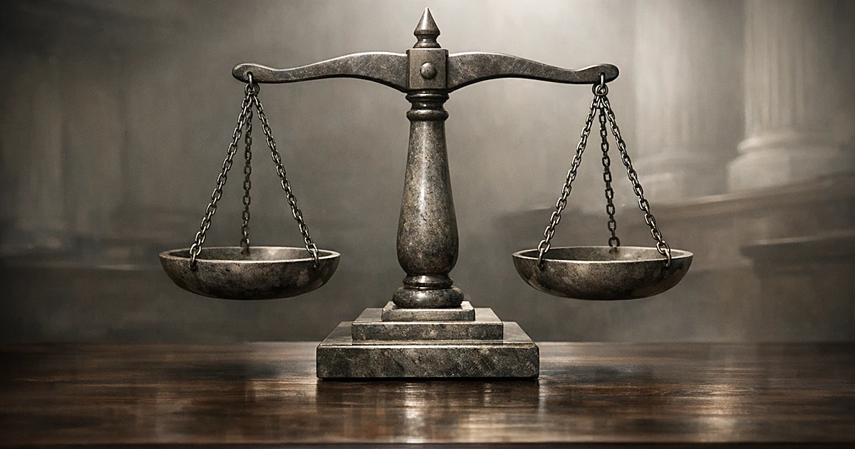 Stone balance scale on wooden surface with natural lighting representing justice and legal proceedings