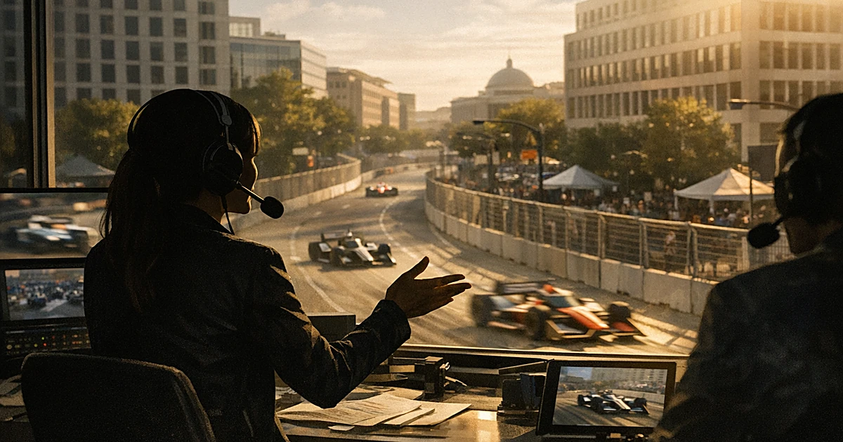 Silhouetted broadcaster in commentary booth overlooking urban IndyCar street circuit with racing vehicles on track
