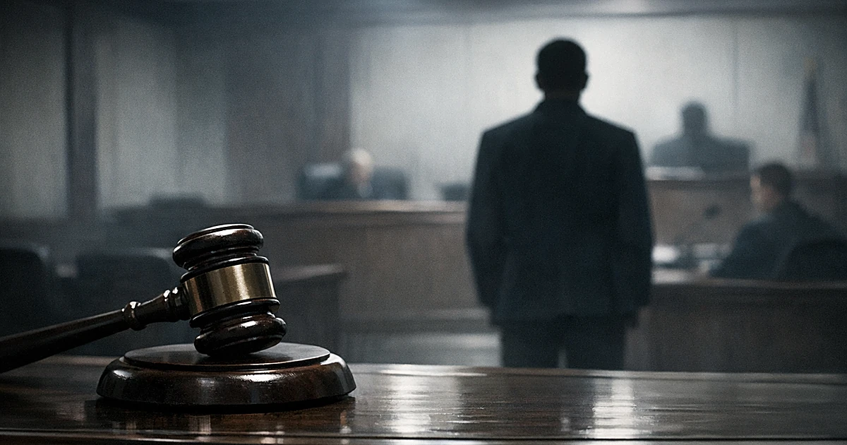 Judge's gavel on courtroom bench with silhouetted figure standing before it in dim institutional lighting