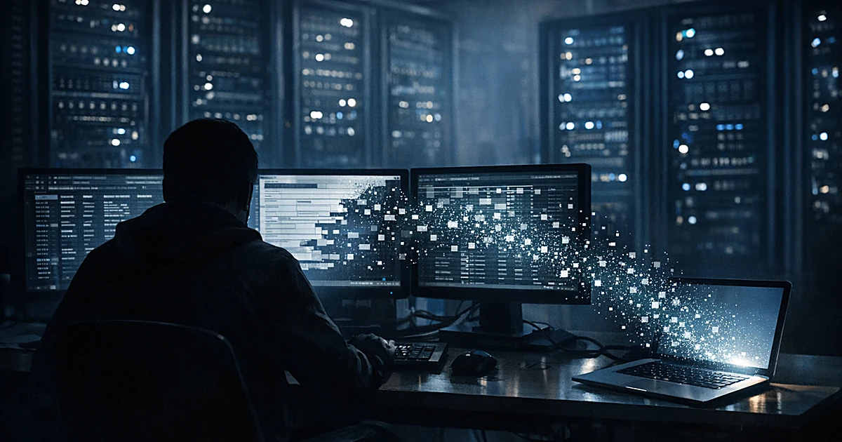 Silhouetted hacker at computer monitors extracting voter data from servers in dark room with blue lighting