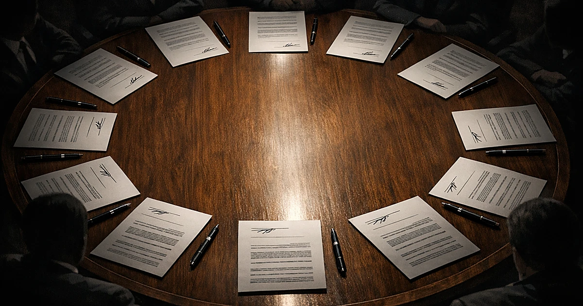 Legal documents arranged in circle on conference table with pens, photographed from above in dramatic lighting