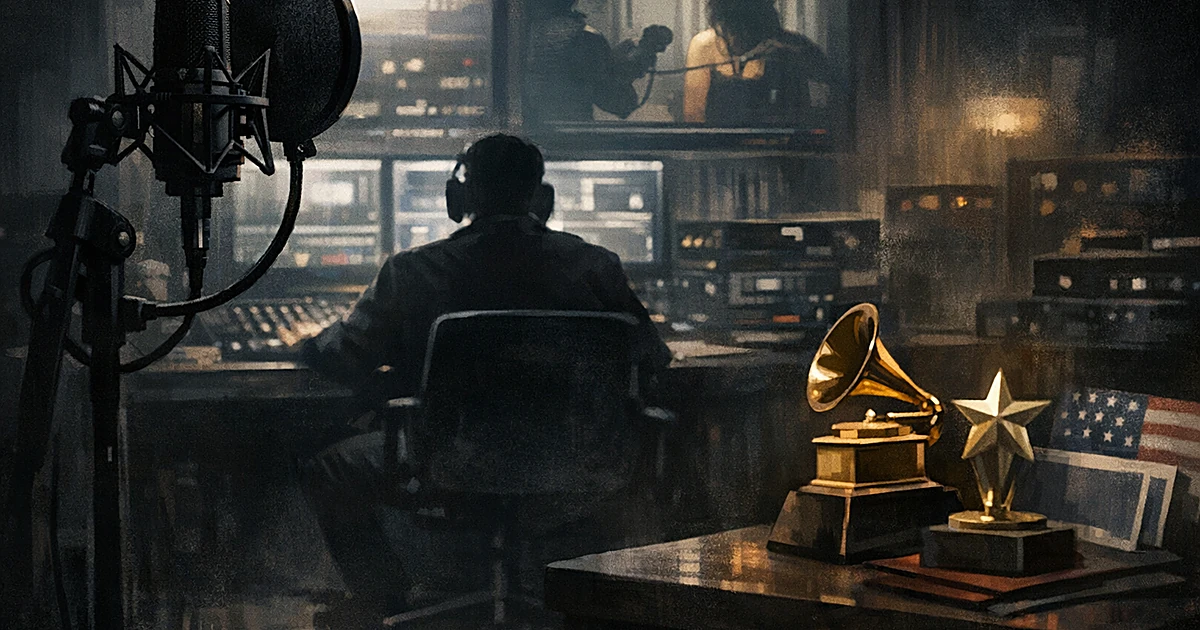 Silhouetted figure in recording studio with microphone and campaign materials, suggesting music career and politics