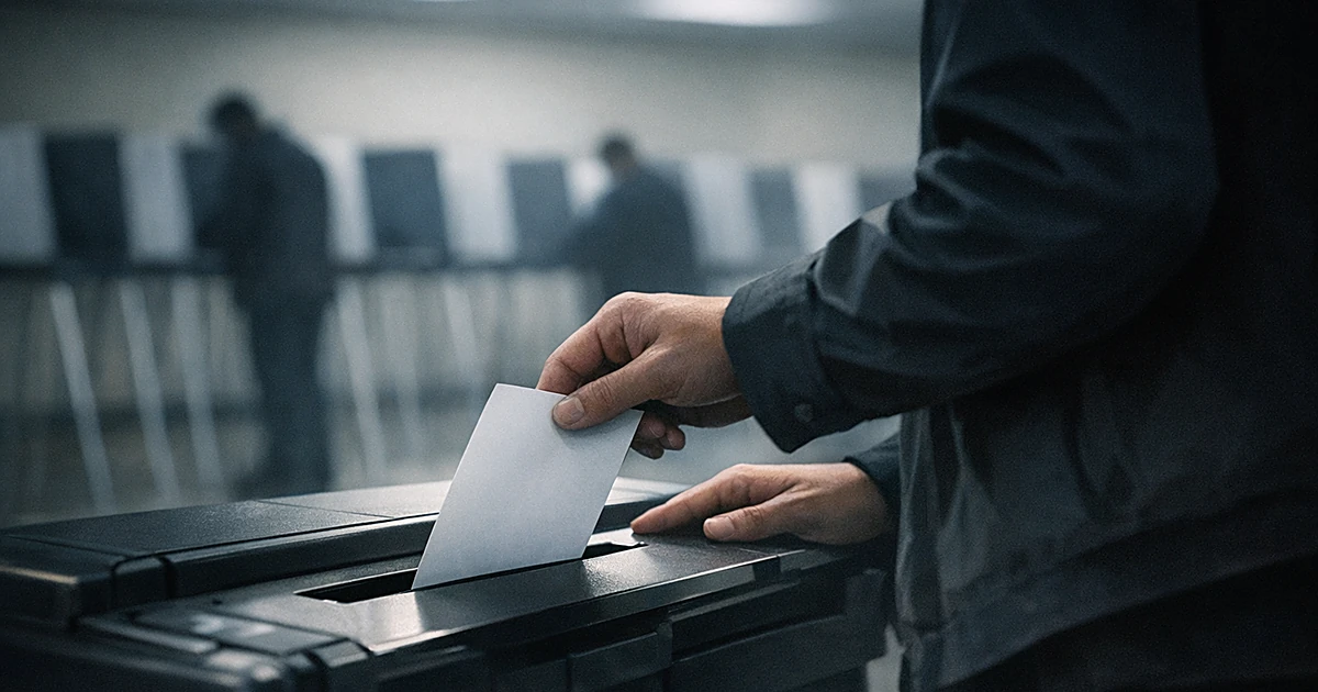 Silhouetted person inserting ballot into voting machine with empty polling booths in background