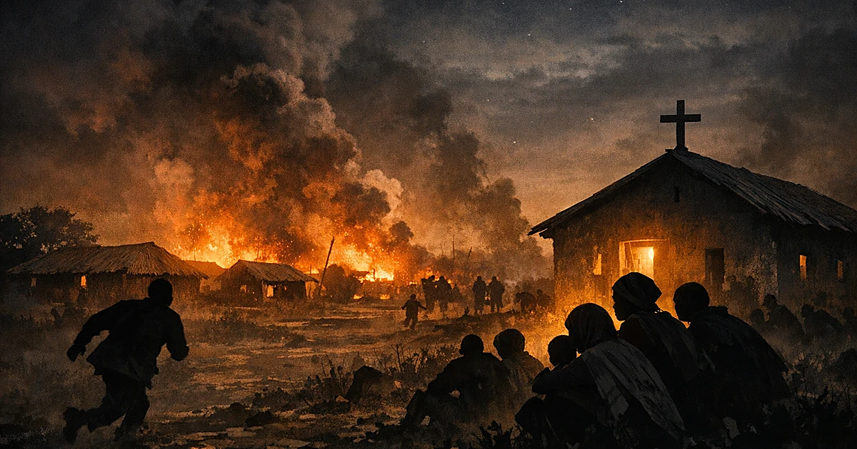 Silhouettes of people near village structures at night with fires burning in distance in rural Nigeria