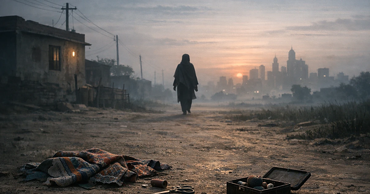 Silhouetted figure walking away from rural home toward distant city, with abandoned sewing materials on empty path