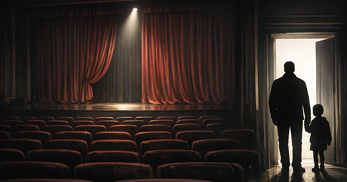 Adult and child silhouettes at theater entrance with empty seats facing illuminated stage