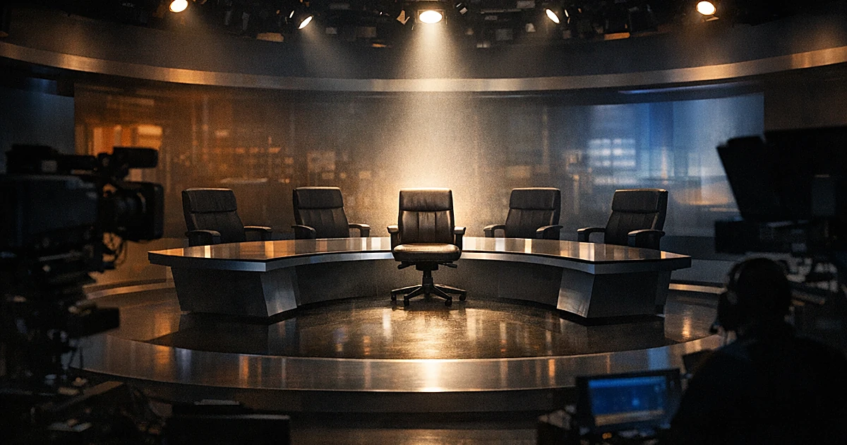 Television studio set with five chairs around curved desk, center seat highlighted by spotlight