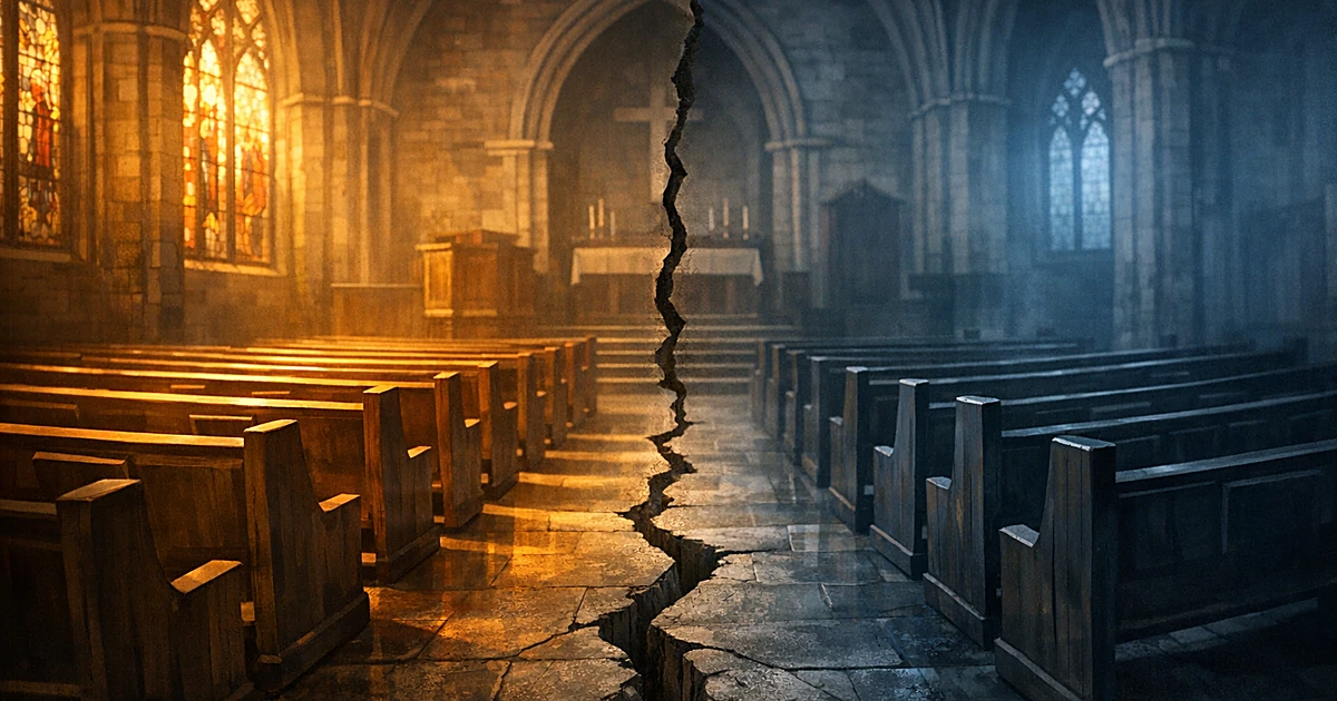 Church interior with pews splitting in two directions, lit by contrasting warm and cool light from stained glass