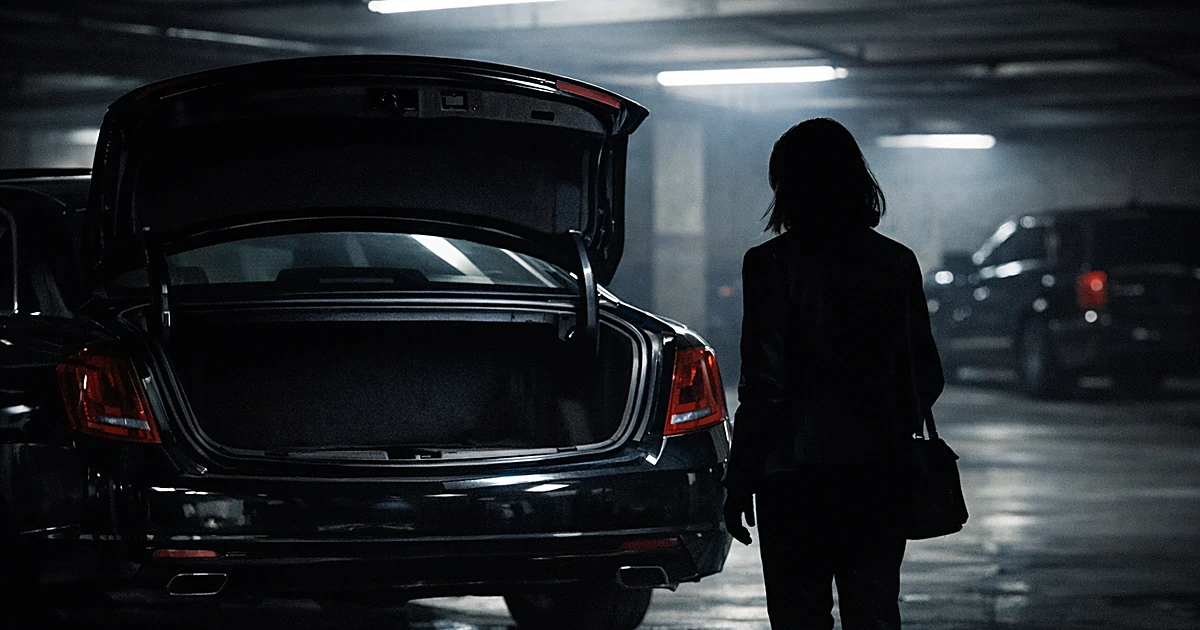 Silhouette of person standing by open trunk of black car in dimly lit garage with dramatic overhead lighting
