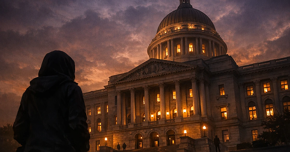 Silhouetted figure observing a domed government building at dusk in moody lighting