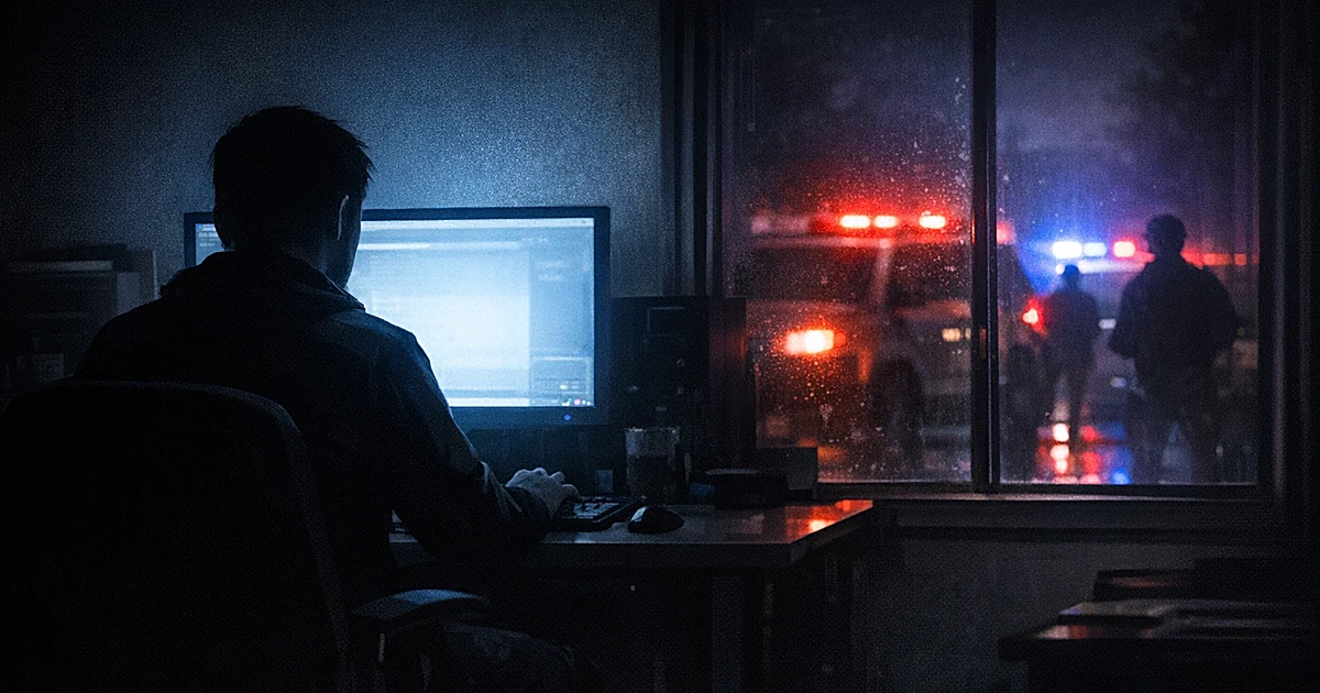 Silhouetted person at computer with law enforcement lights visible through window in dark room