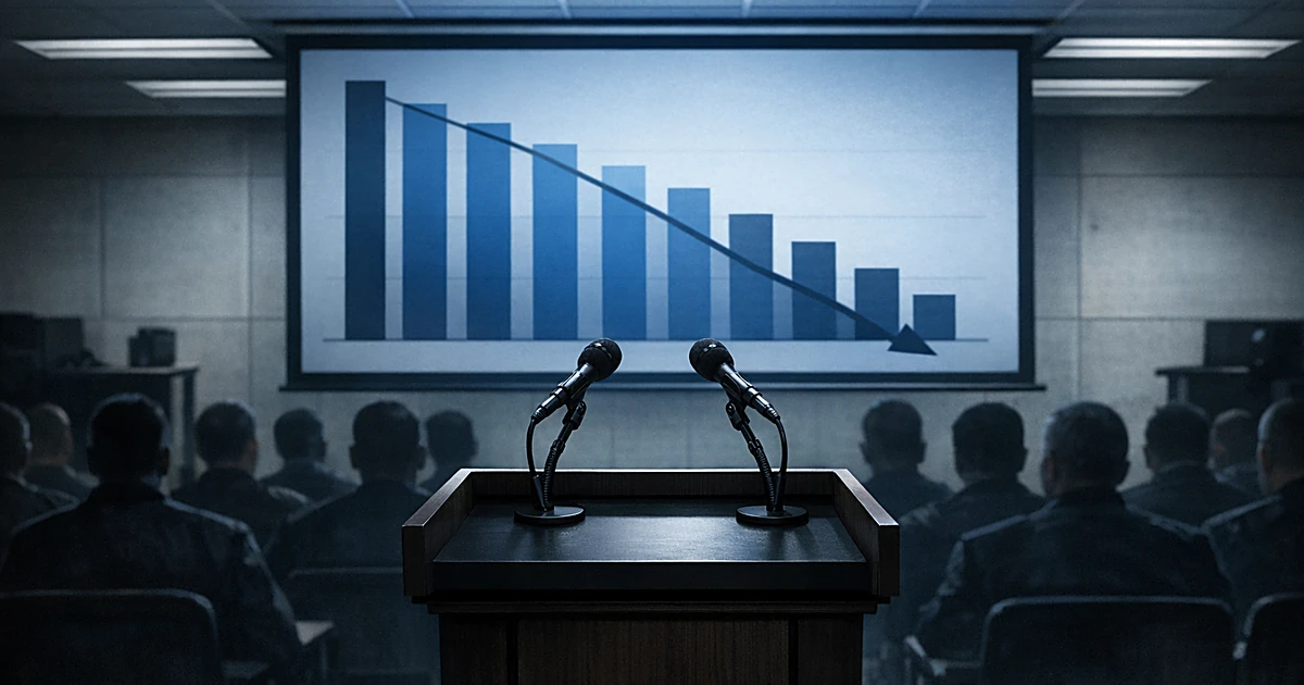 Empty podium facing silhouetted audience in police facility with descending crime statistics graph displayed on screen