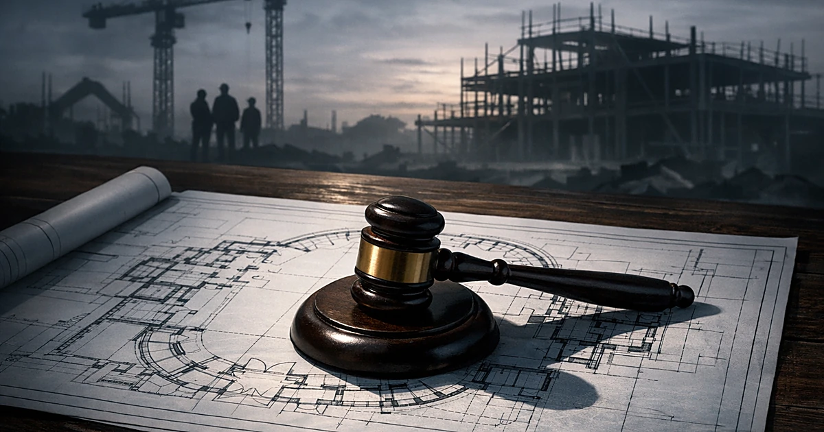 Gavel resting on architectural blueprints with construction equipment silhouettes in background
