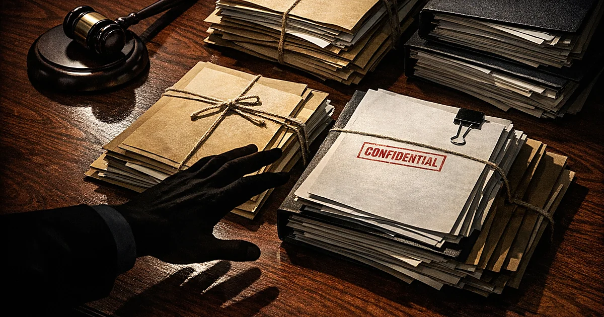 Overhead view of desk with gavel, sealed folders, and silhouetted hand reaching toward confidential documents