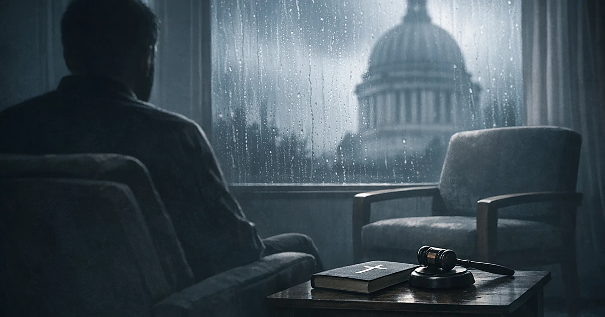 Silhouetted person in therapy office with empty chair, capitol building visible through window, gavel on table