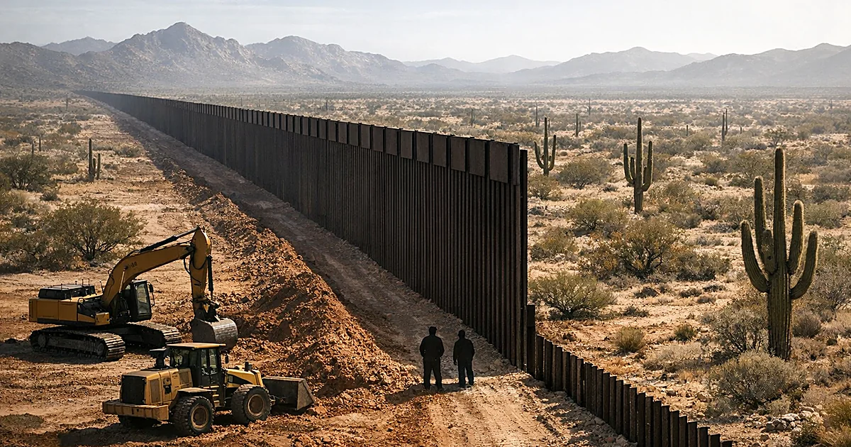 Border wall construction cutting through Arizona desert landscape with cacti and construction equipment