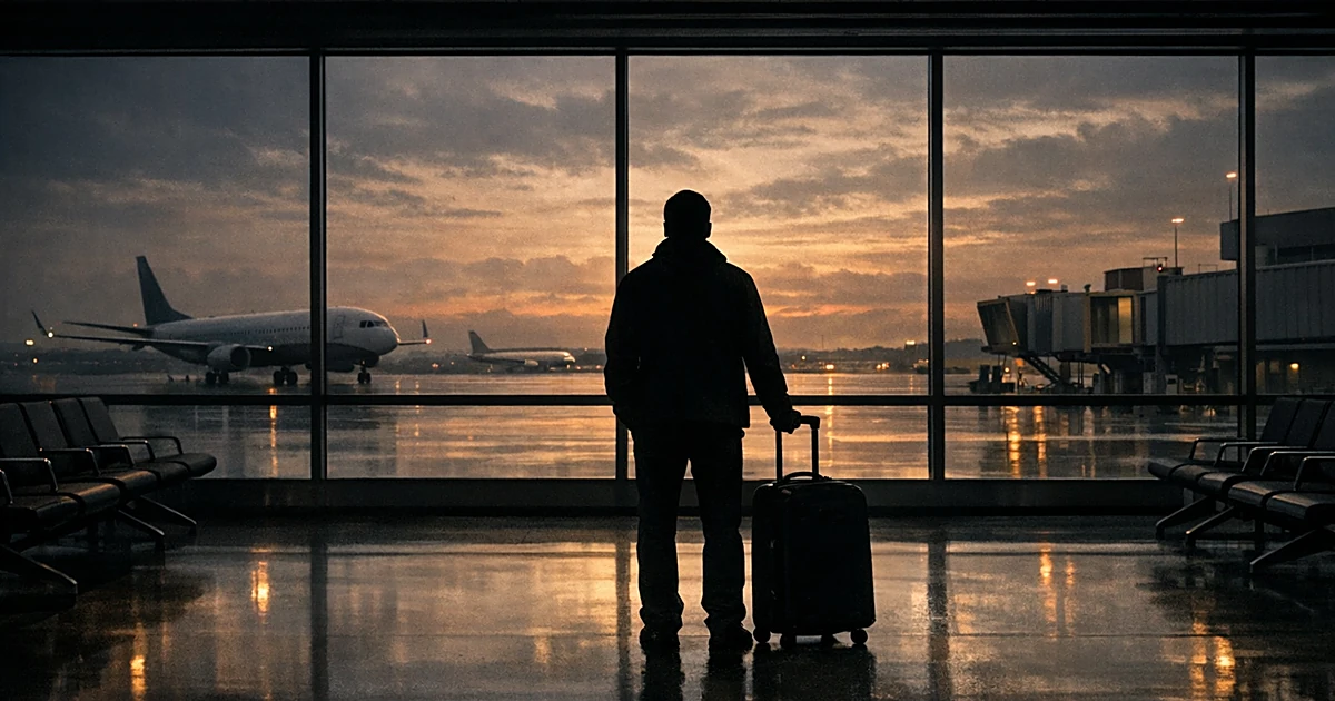 Silhouetted person with suitcase stands alone in airport terminal facing windows at dusk
