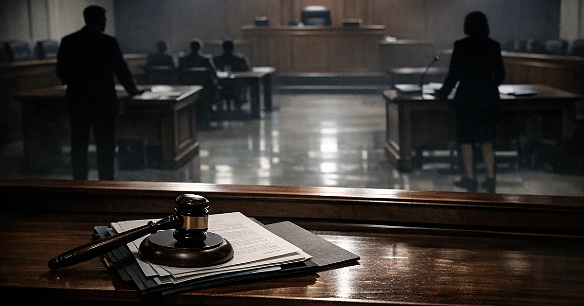 Courtroom interior with gavel on bench and silhouetted attorneys at tables under harsh institutional lighting