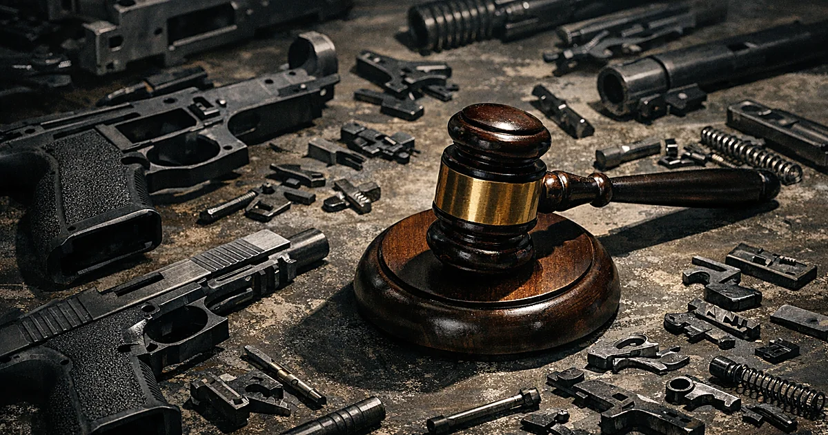 Unassembled firearm parts and components scattered on workbench with judge's gavel among the pieces