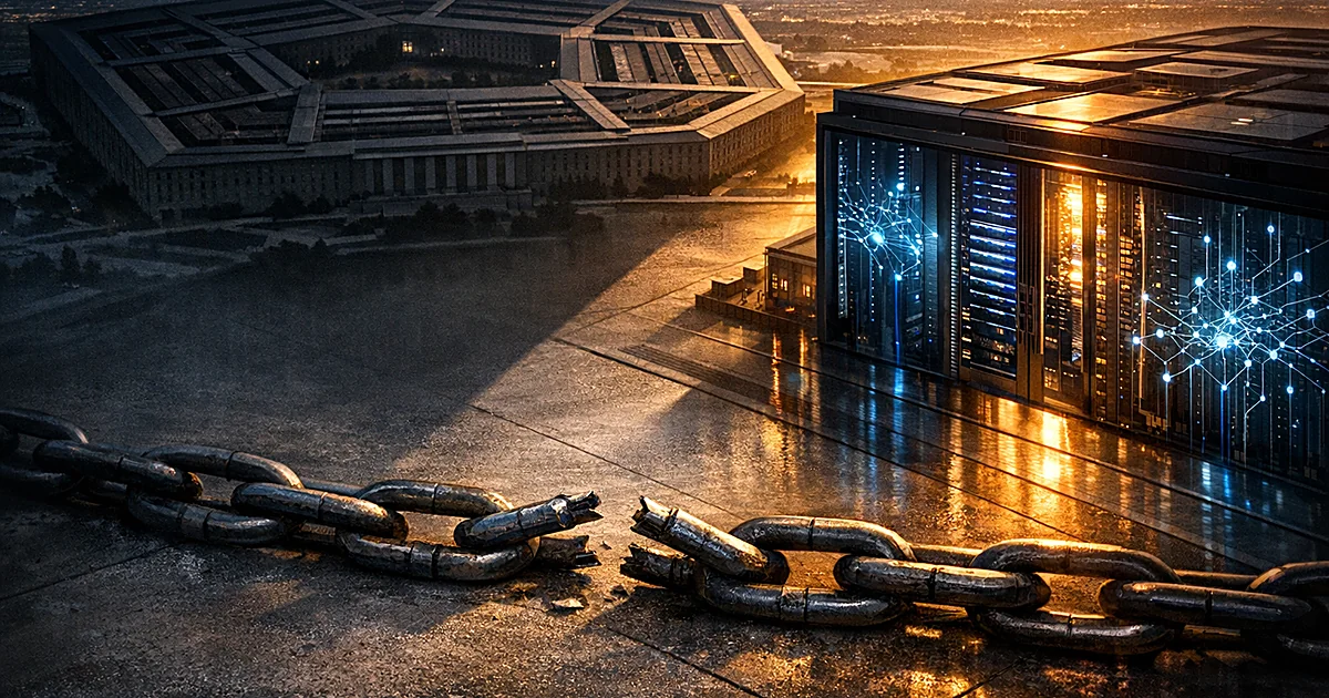 Pentagon building casting shadow over AI server facility with broken chain between them, representing lifted ban