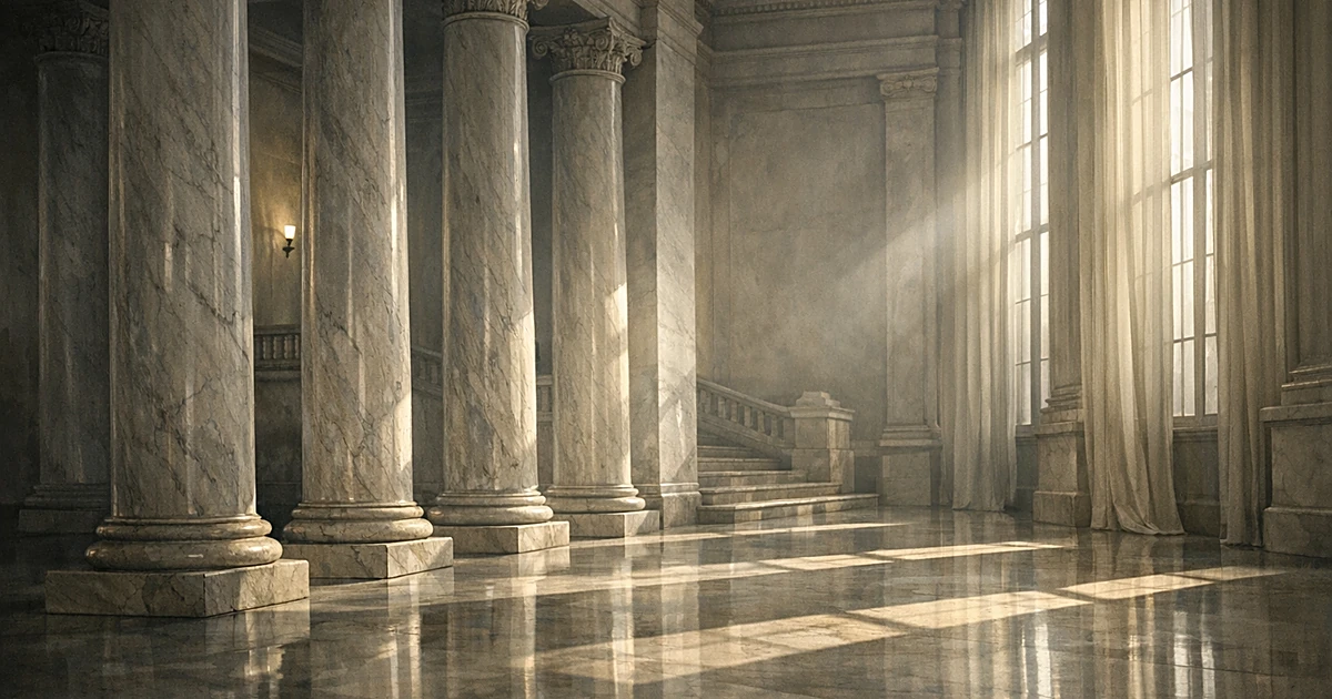 Classical marble columns with natural light and shadows in a formal architectural space